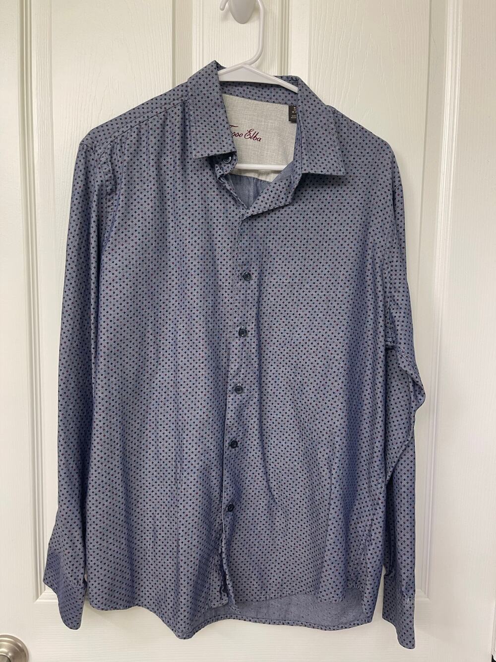 Tasso Elba Men's medium 15/15.5 long sleeve button blue with black dots